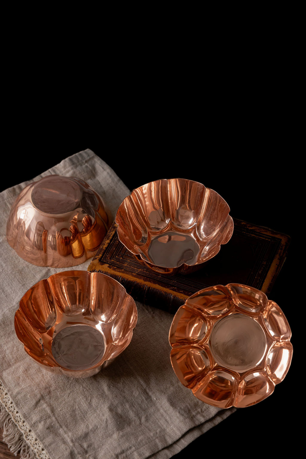 Vintage Inspired Copper Fluted Bowls with Crown Engraving – Set of 2