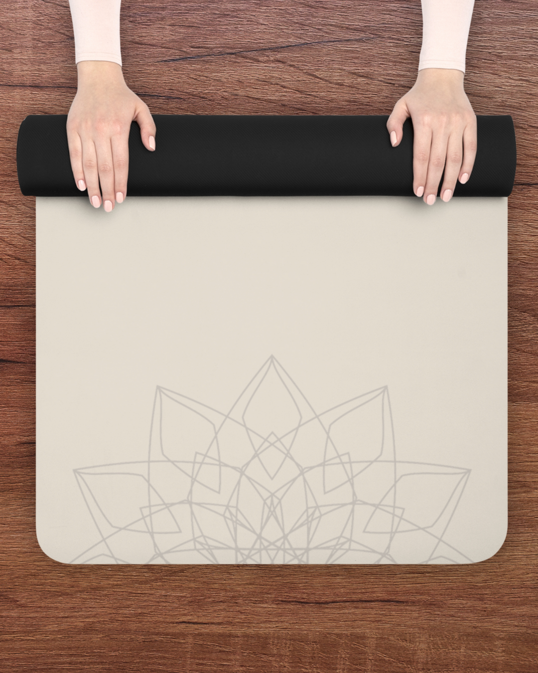 Rubber Yoga Mat – Eco‑Friendly, Non‑Slip Cushioned Mat | Sand Beige with Mandala Spiritual Design