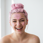 a white 20 year old model has pink hair mask applied on her hair which is tied in a bun and is laughing